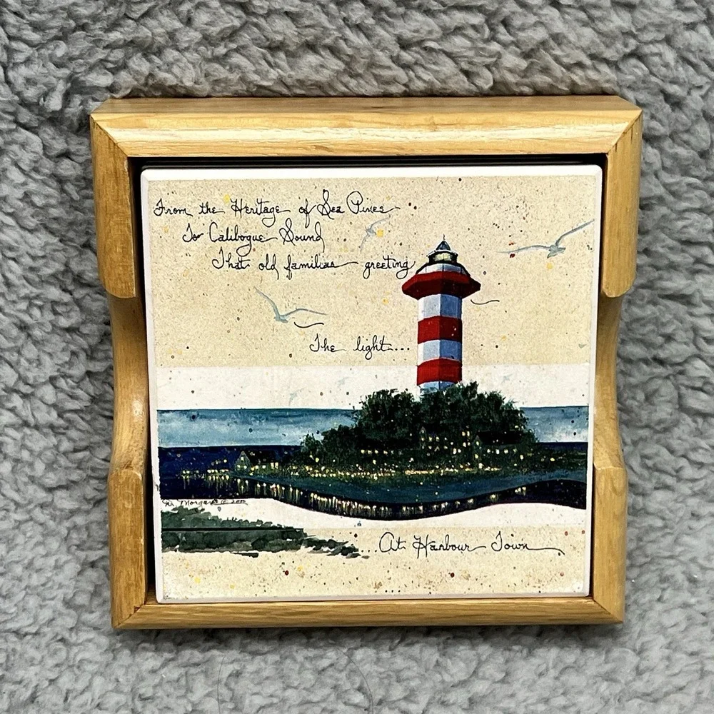 Hilton‎ Head Lighthouse Tile Drink Coasters Harbour Town Set of 4 w/ Tray